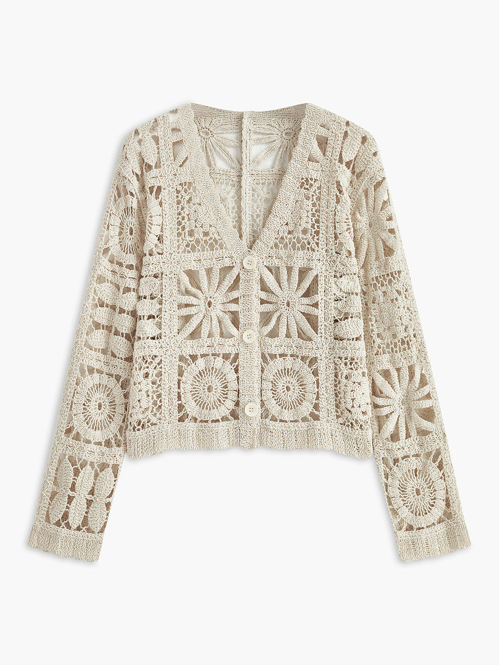 A cream crochet button-up sweater with long sleeves, V-neck, and square patchwork pattern.