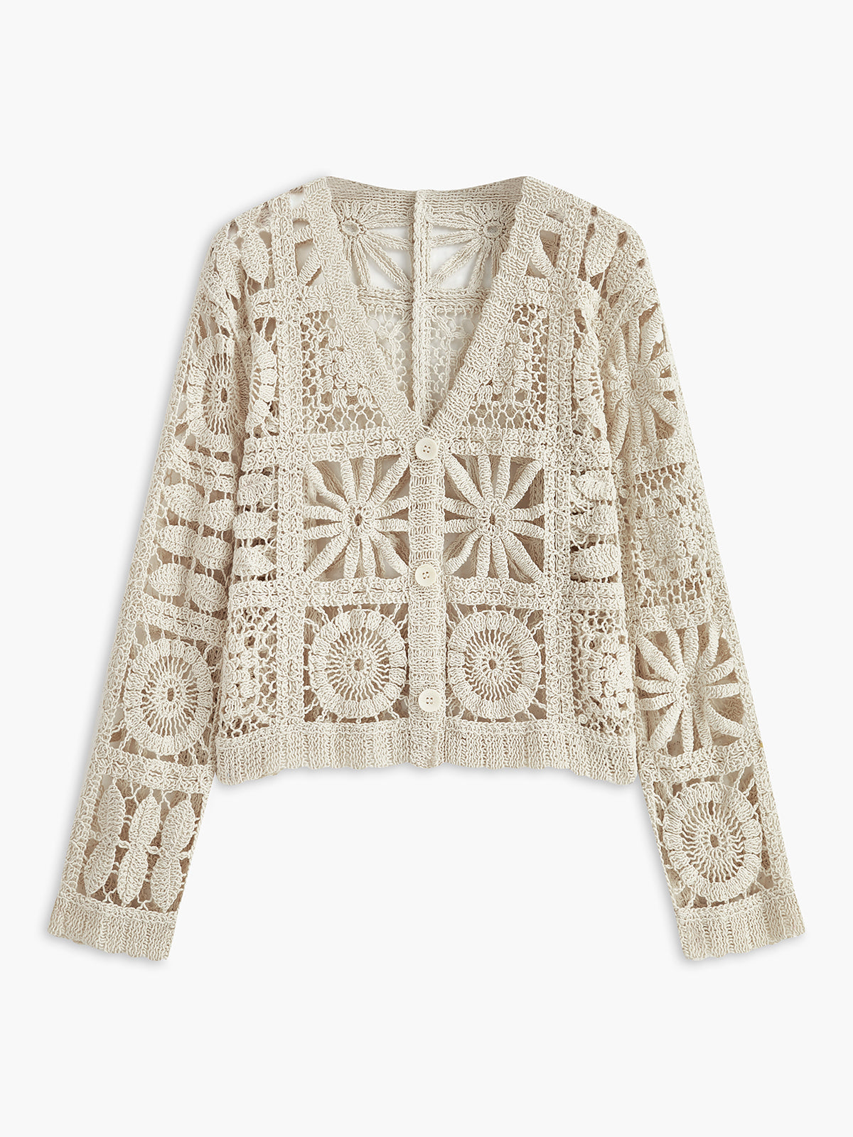 A cream crochet button-up sweater with long sleeves, V-neck, and square patchwork pattern.