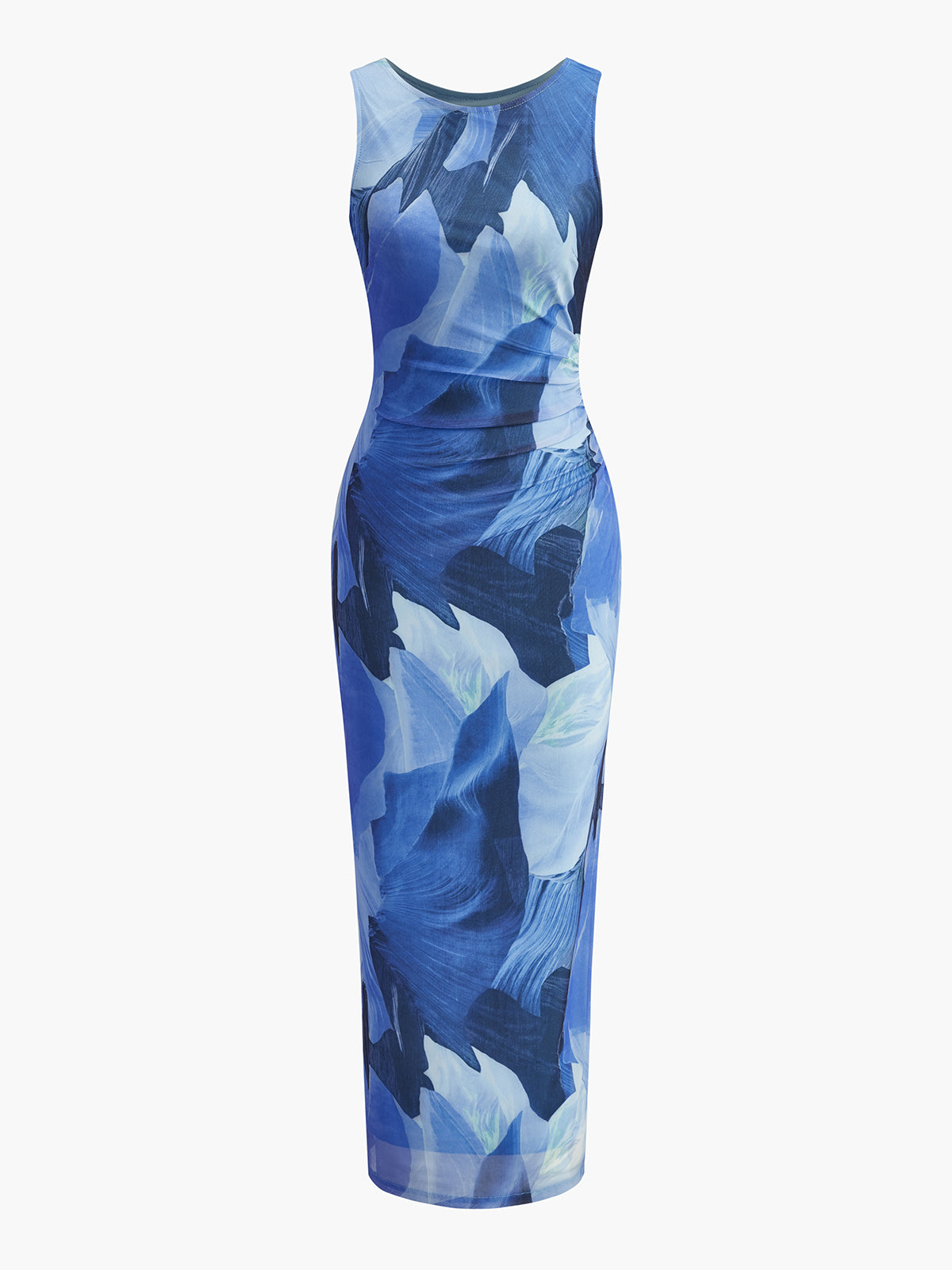 Sleeveless bodycon maxi dress with blue-and-white abstract floral print on a white base.