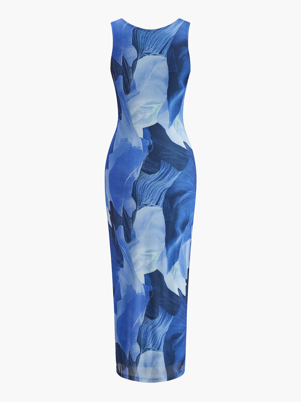A sleeveless dress with a blue and white floral pattern on a white background.