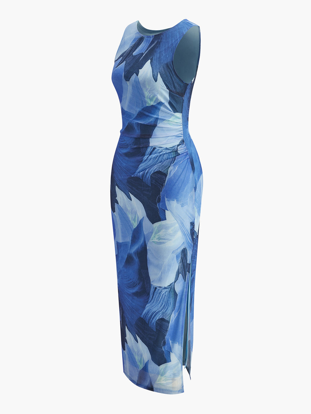 Fitted midi dress with blue and white abstract floral pattern, sleeveless, side slit, crew neckline.