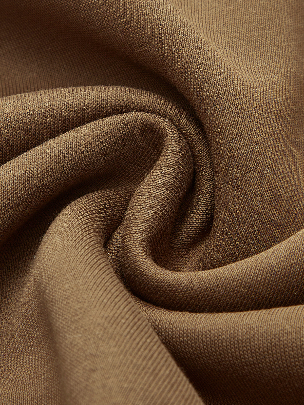 Soft brown LA FINE FLEUR cinched waist sweatshirt, showcasing smooth folds and detailed weave.
