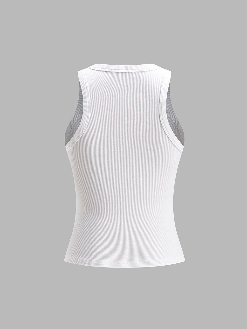 White ribbed sleeveless crop top with grey mesh trim on shoulders and hem.