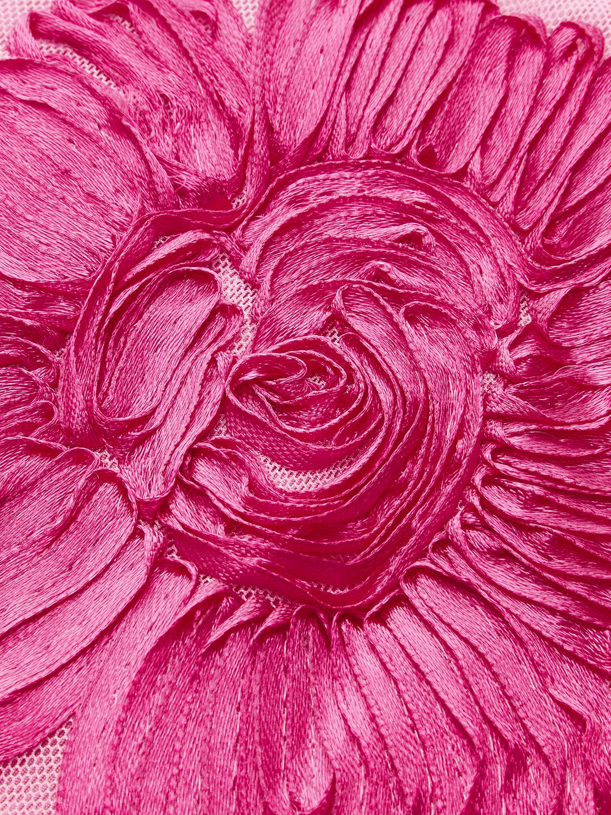 Slim fit mesh dress with glossy pink flower embroidery, intricate petal texture, and backless design.