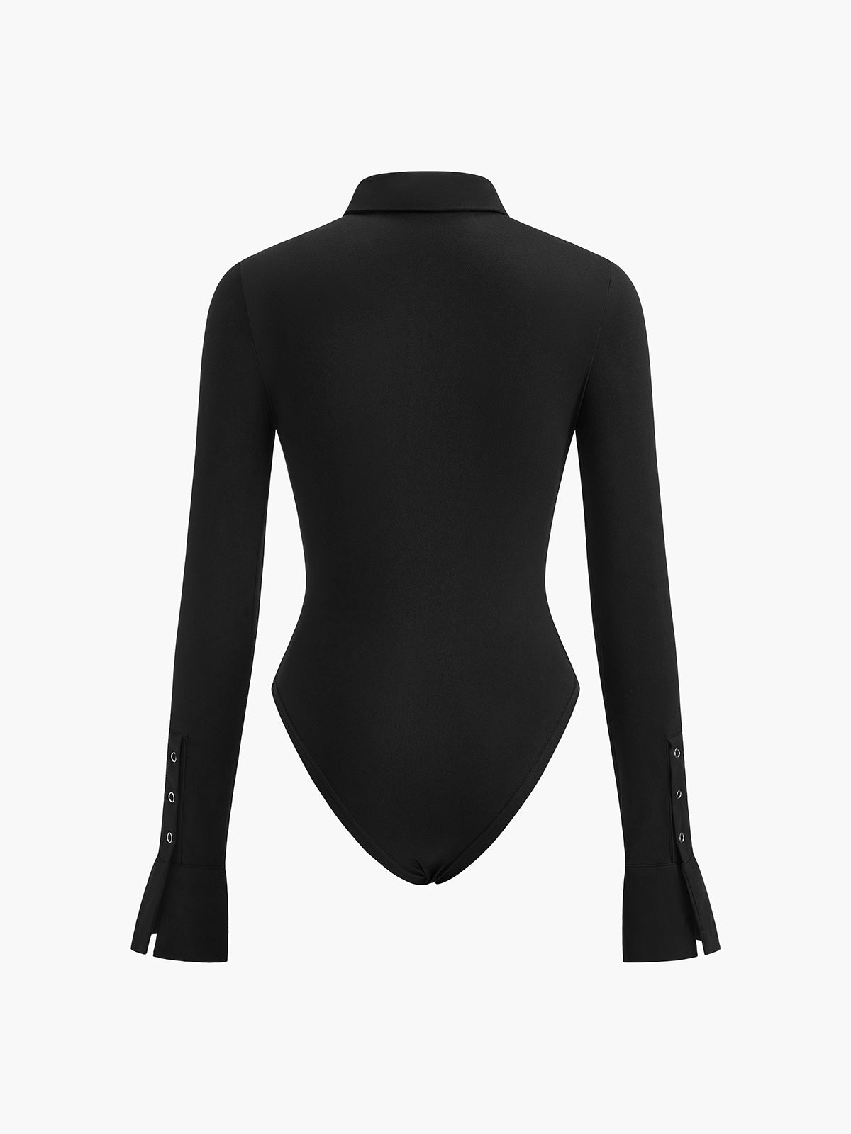 Black fitted long sleeve bodysuit with collared neckline and buttoned cuffs, viewed from back.