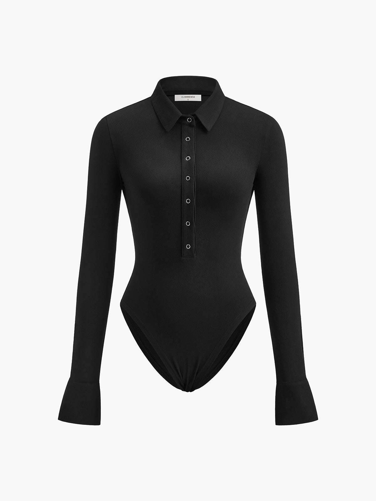 A black, fitted long sleeve bodysuit with a collared neckline and flared cuffs.