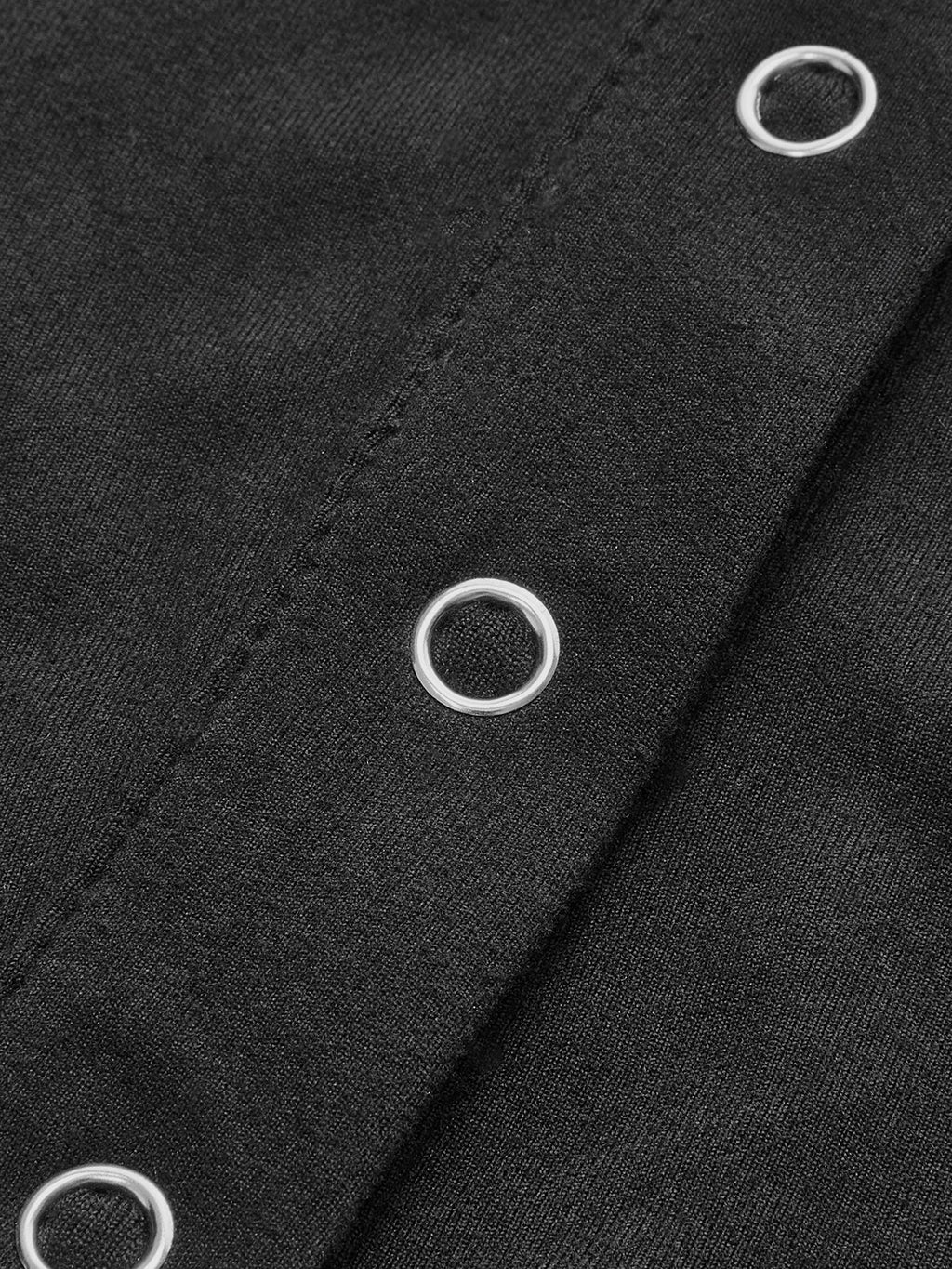 Black collared button-down bodysuit featuring stitched seams and evenly spaced silver metal eyelets.