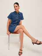 A stylish denim dress with a button-down front from LA FINE FLEUR.