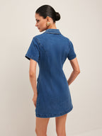 LA FINE FLEUR Stylish Denim Dress with button-down front and short sleeves.