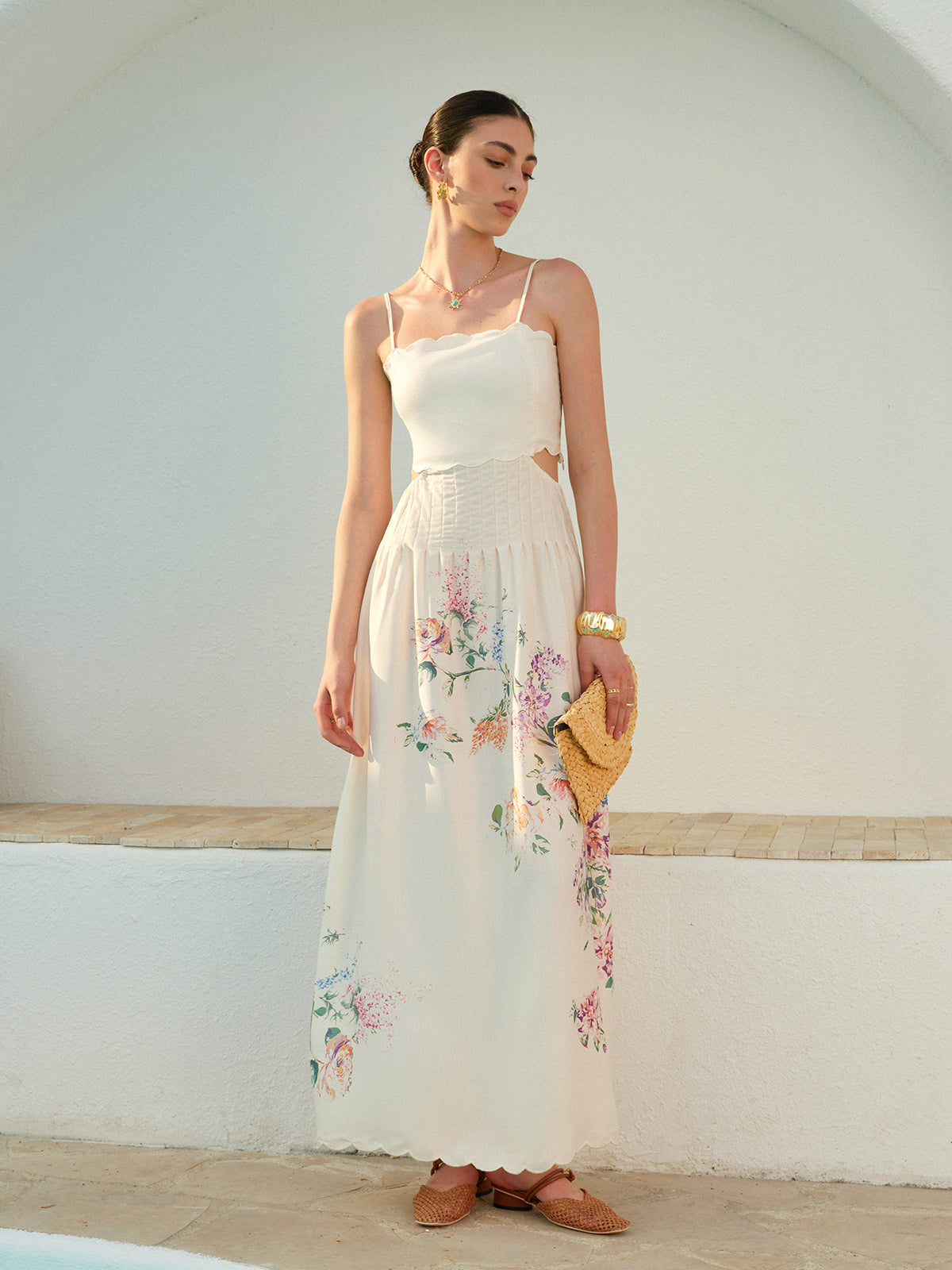LA FINE FLEUR Floral Lace-Up Sleeveless Dress with intricate back detailing and elegant silhouette.