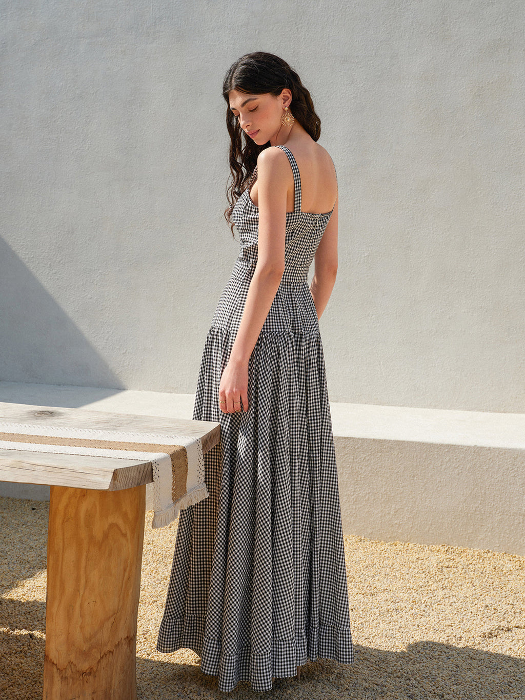 A LA FINE FLEUR gingham sleeveless dress with a belted waist, softly detailed.