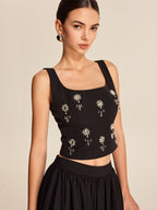 Crystal-Embellished Floral Top with Back Zip Closure