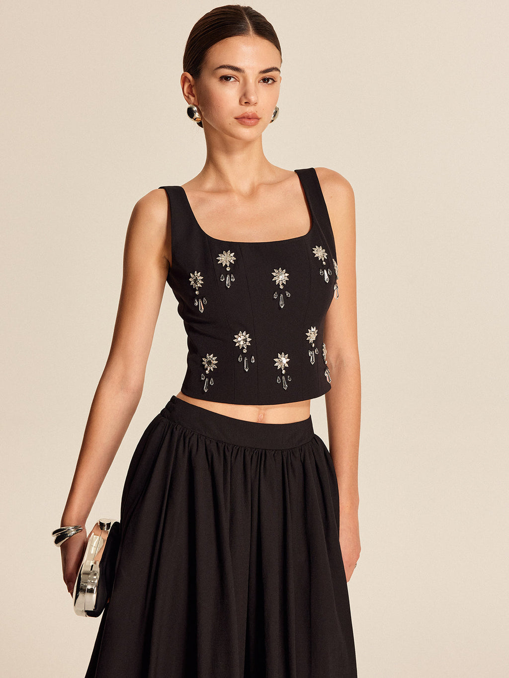 Crystal-Embellished Floral Top with Back Zip Closure