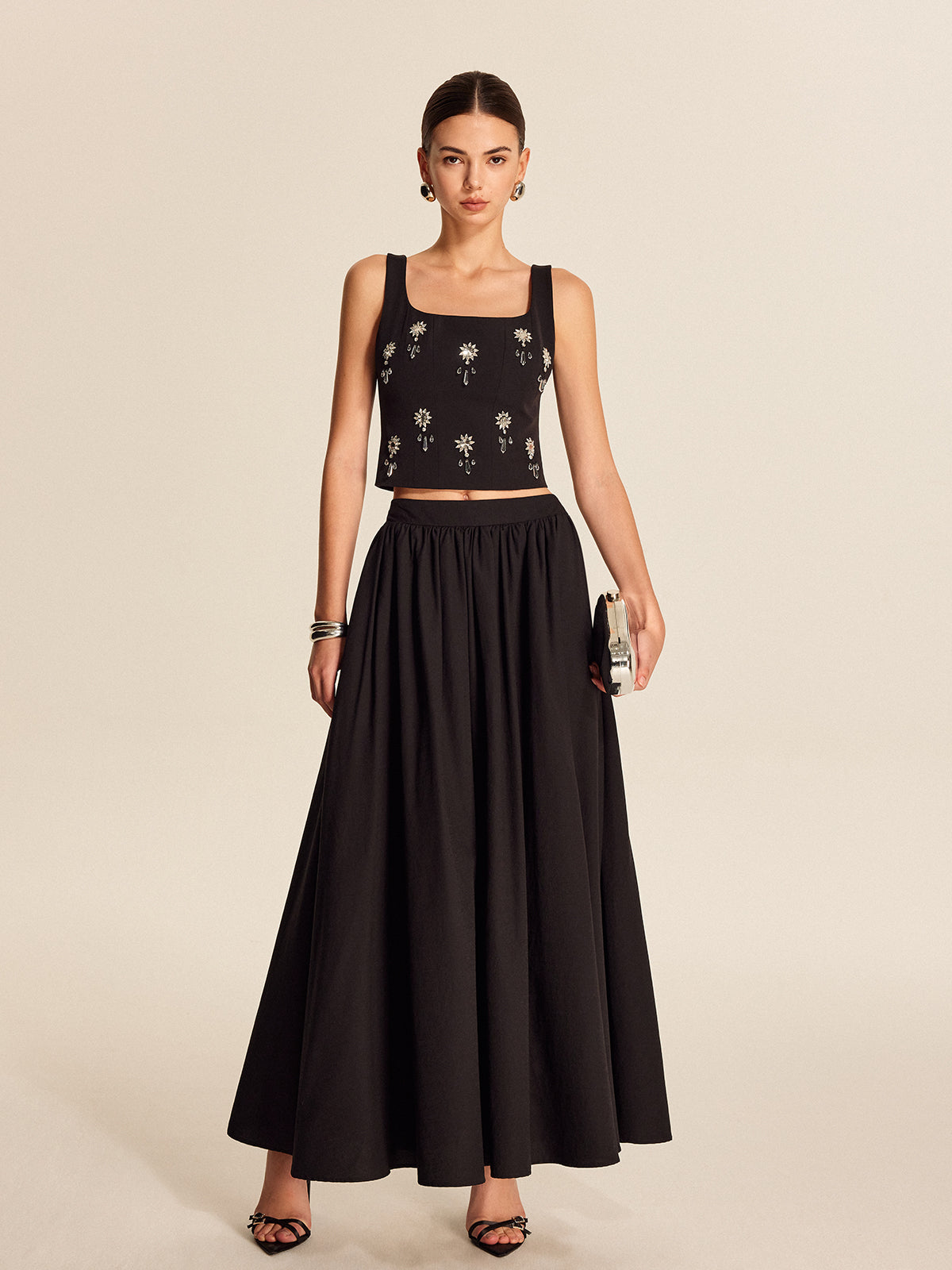 Crystal-Embellished Floral Top with Back Zip Closure
