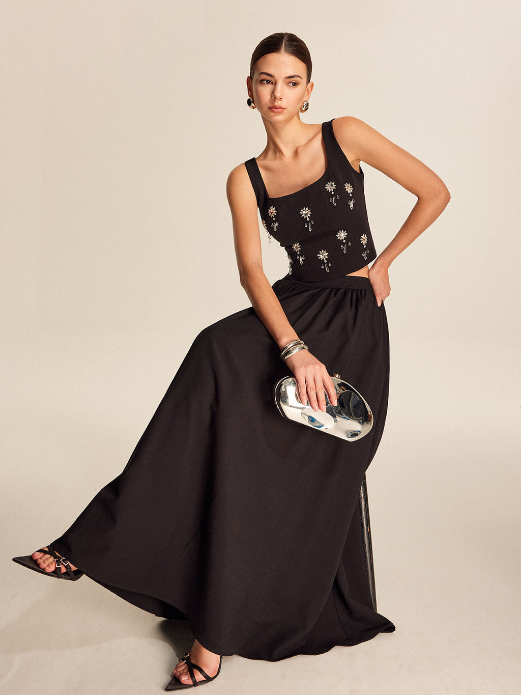 Crystal-Embellished Floral Top with Back Zip Closure
