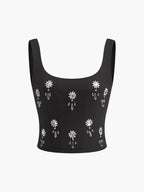 Crystal-Embellished Floral Top with Back Zip Closure