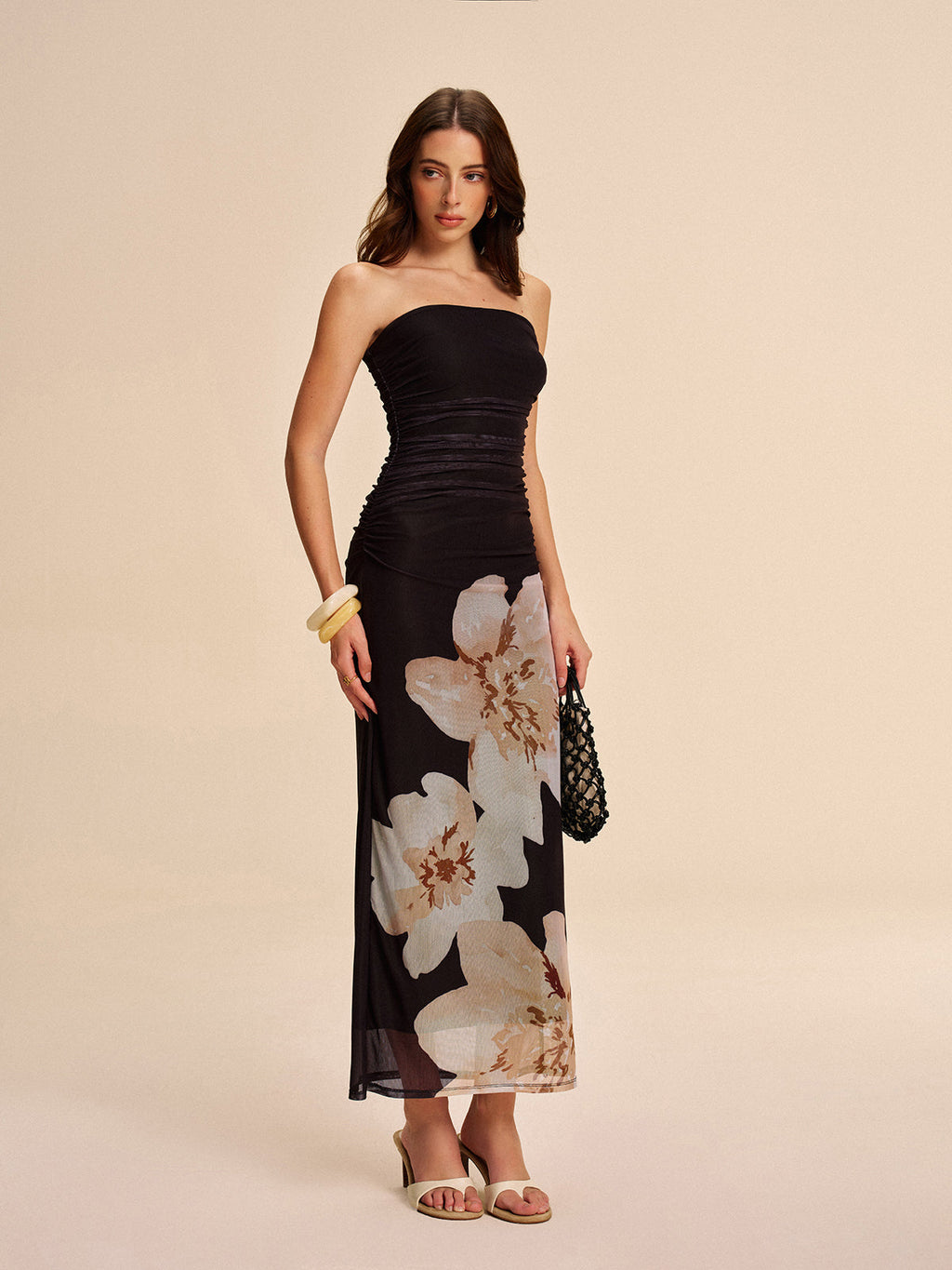 LA FINE FLEUR semi-sheer strapless floral mesh dress featuring ruched detail throughout.