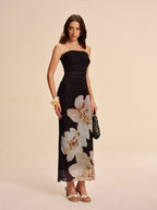 LA FINE FLEUR semi-sheer strapless floral mesh dress featuring ruched detail throughout.