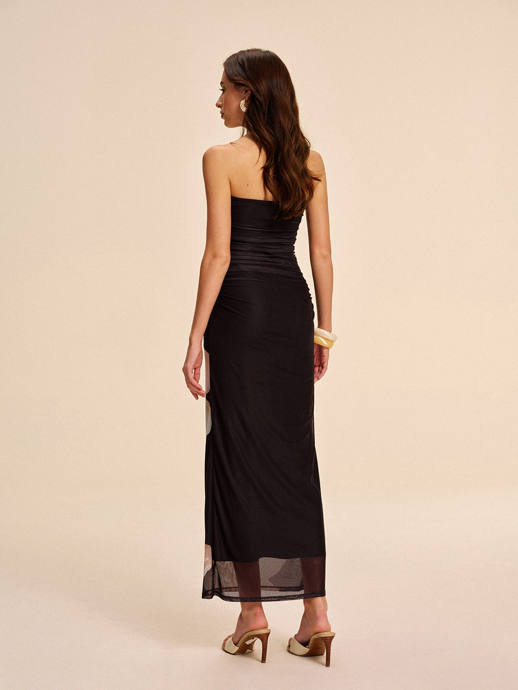 The LA FINE FLEUR Semi-Sheer Strapless Floral Mesh Dress with Ruched Detail.