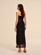 The LA FINE FLEUR Semi-Sheer Strapless Floral Mesh Dress with Ruched Detail.