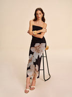 A semi-sheer strapless floral mesh dress with ruched detailing from LA FINE FLEUR.