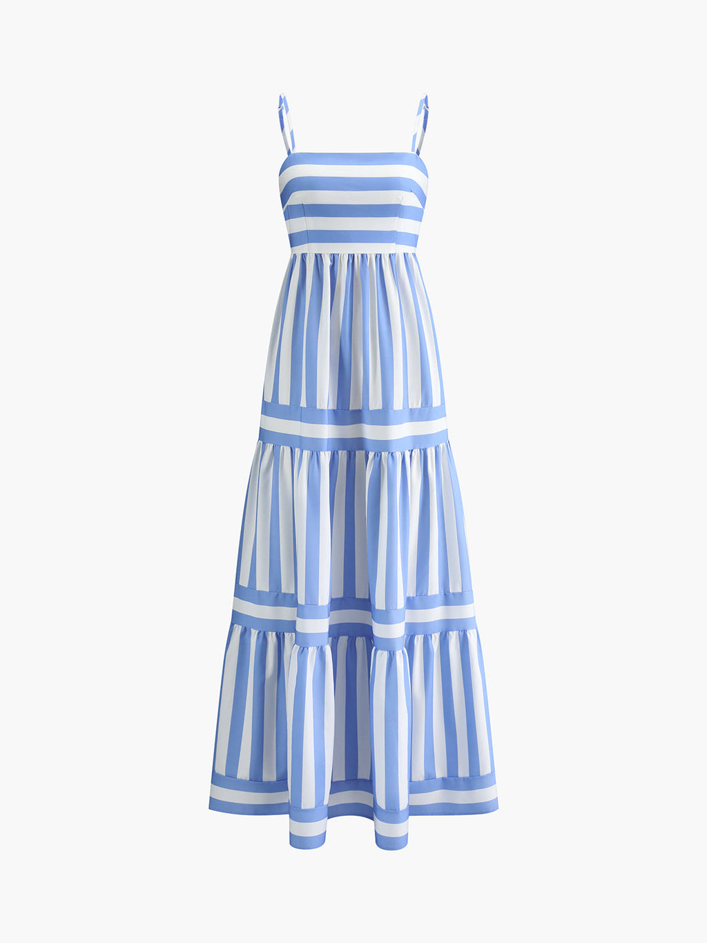 Sleeveless, blue-and-white striped maxi dress with thin straps, fitted bodice, flared skirt.
