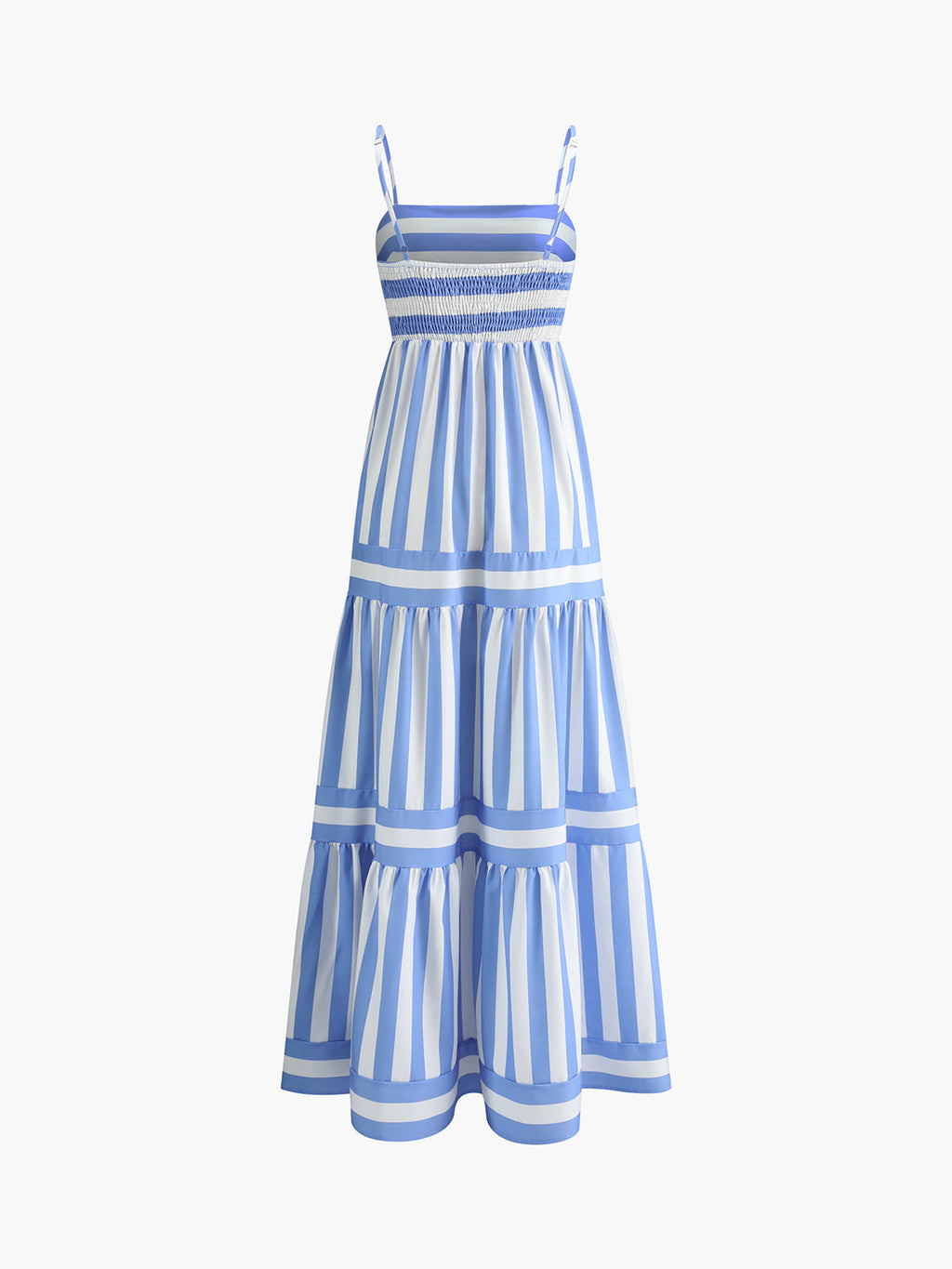 Sleeveless blue and white striped dress with thin straps, smocked bodice, tiers, and pockets.