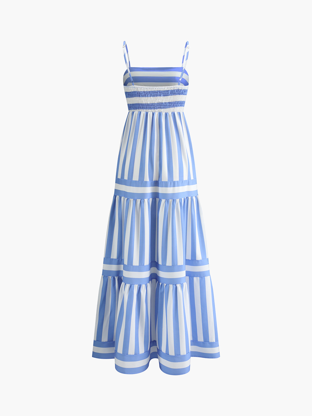 Sleeveless blue and white striped dress with thin straps, smocked bodice, tiers, and pockets.