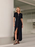 LA FINE FLEUR Metal Button Detail Midi Dress with Collar in a sleek, modern design.