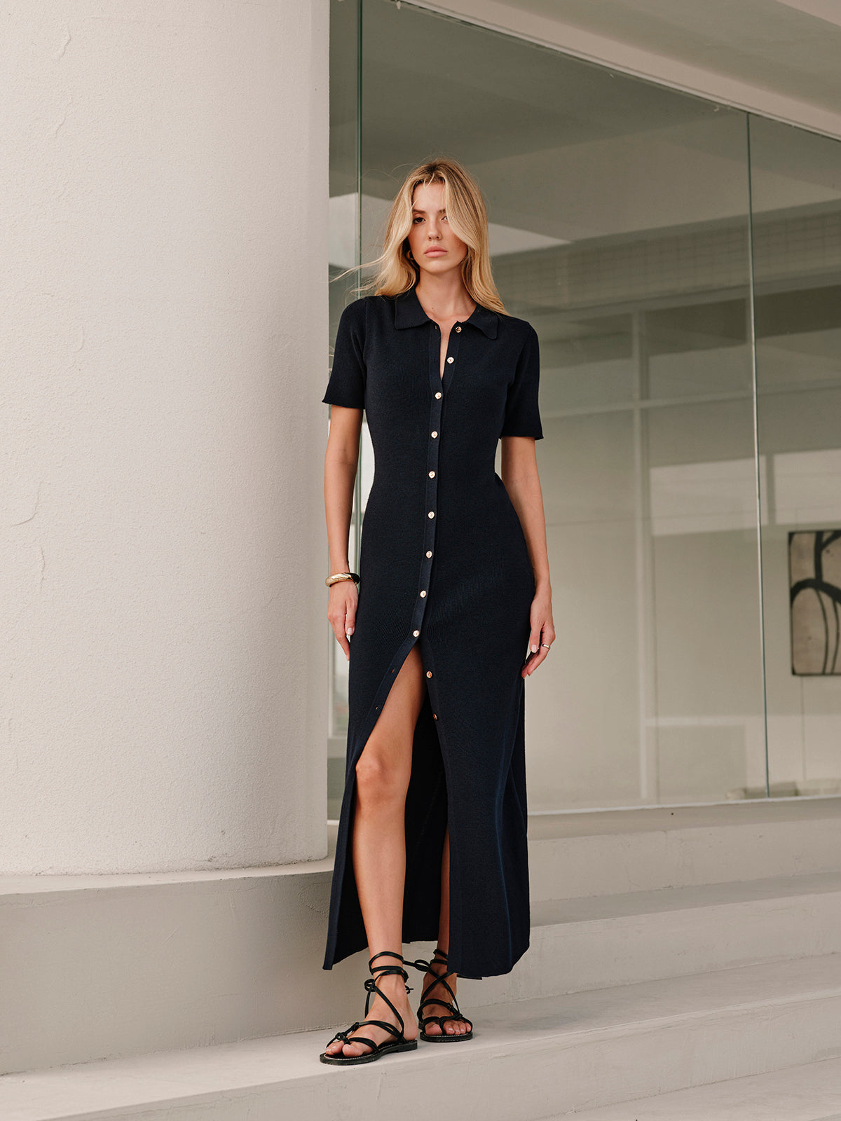 LA FINE FLEUR Metal Button Detail Midi Dress with Collar in a sleek, modern design.