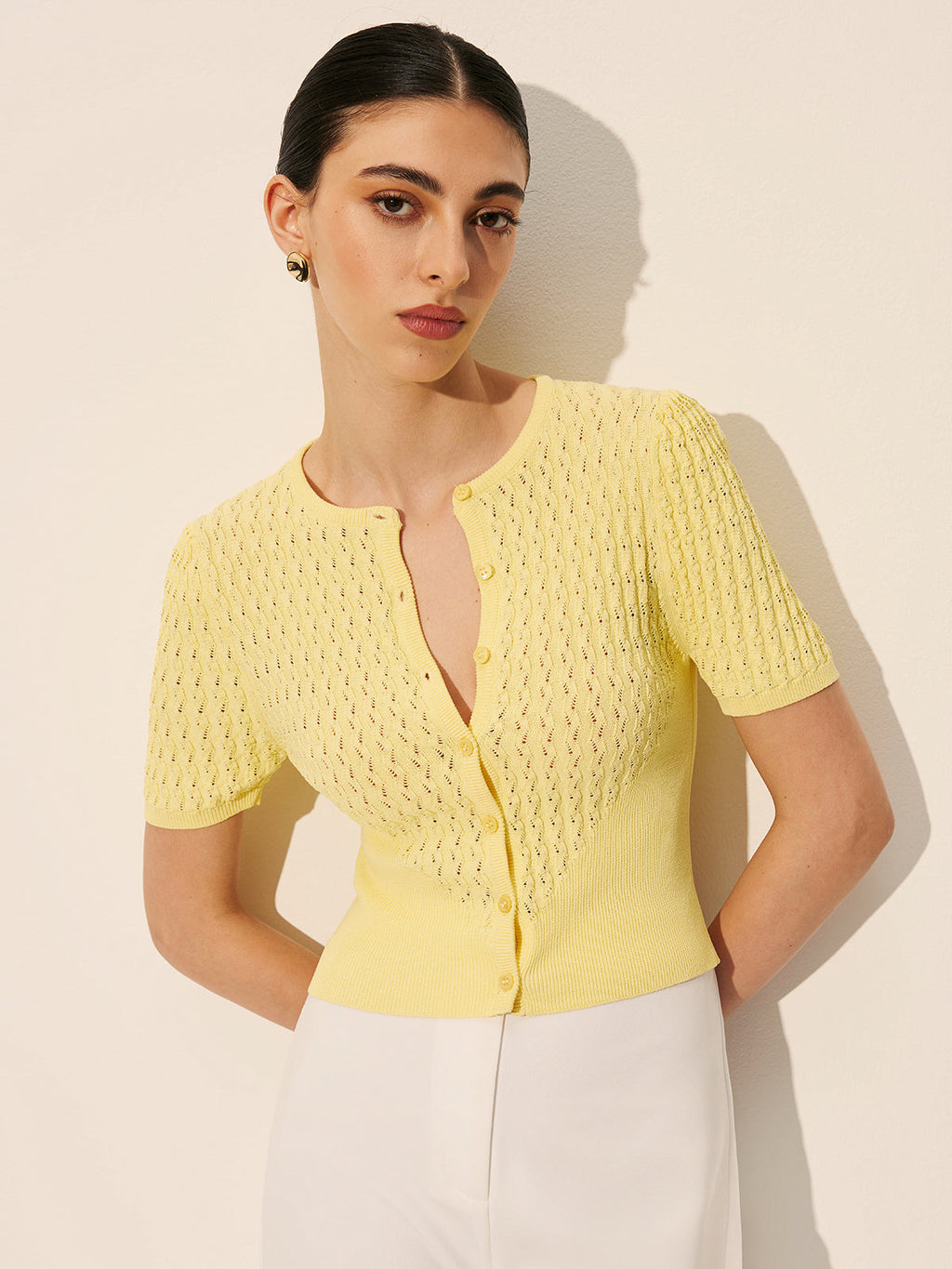 Buttoned Hollow Knit Sweater Top