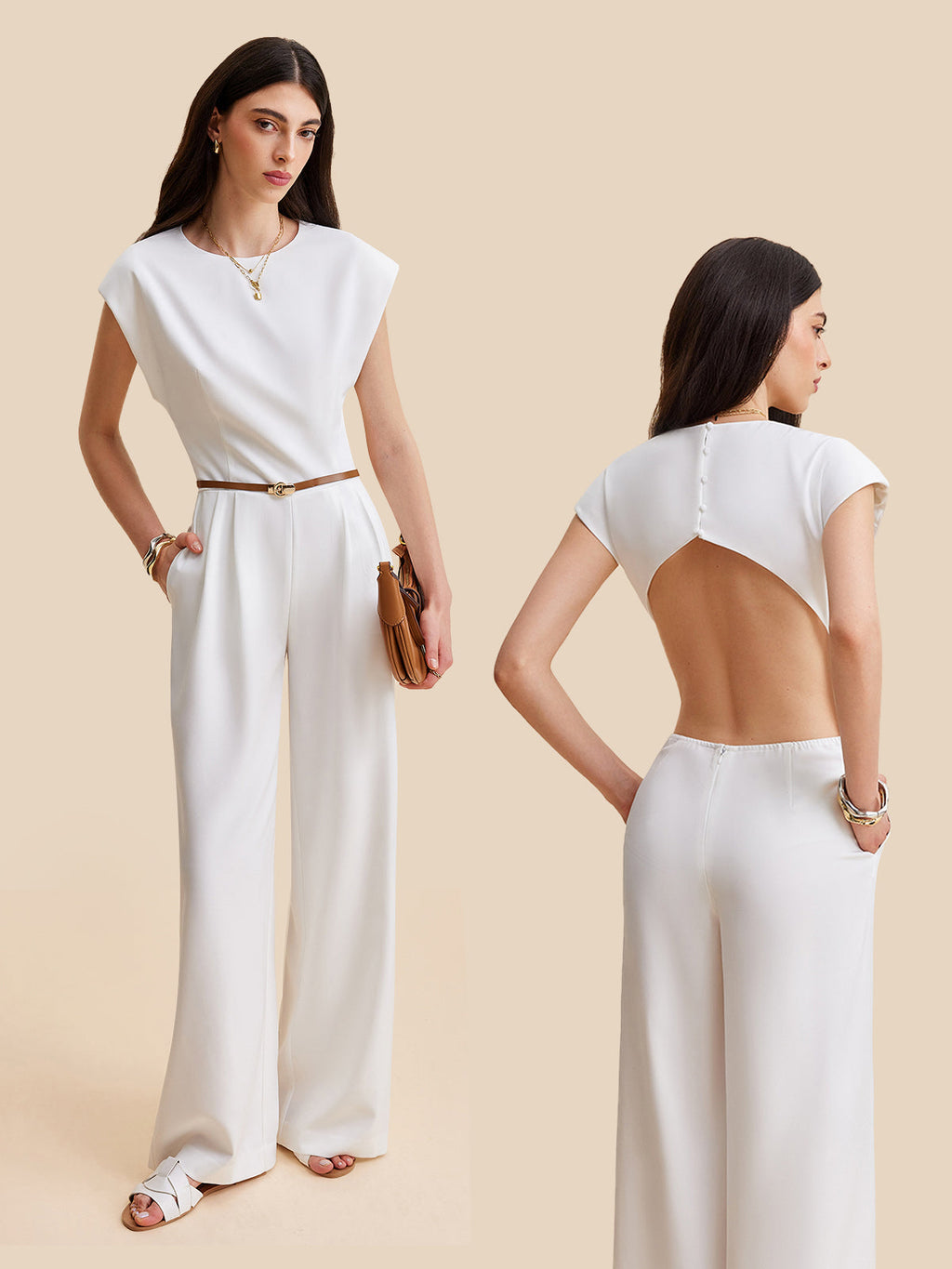 Cap sleeve jumpsuit with wide legs, belted waist, and buttoned dramatic open back.