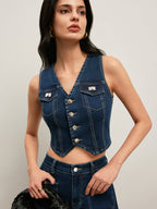 LA FINE FLEUR Vintage Denim Vest with button-down front and matching high-waisted jeans.