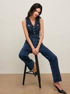 LA FINE FLEUR Vintage Denim Vest with Button-Down Front and black high heels.