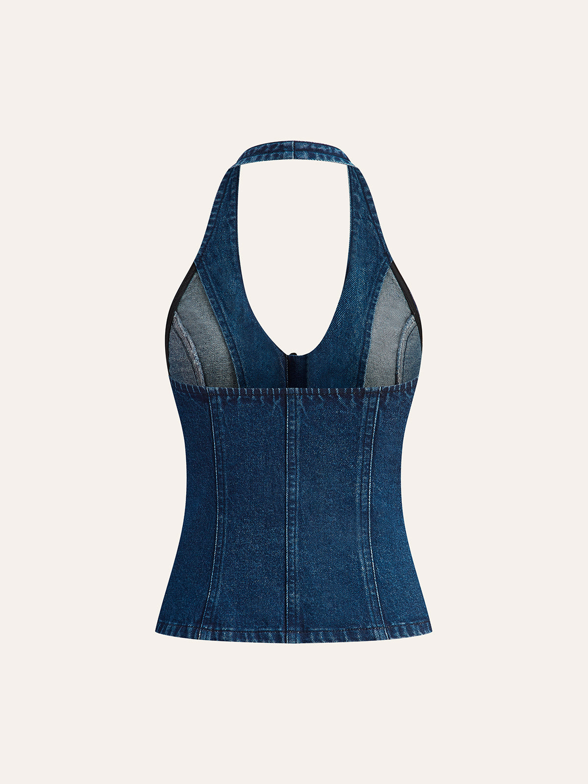 A sleeveless denim halter top with deep V-neck, button accents, and visible fitted seams.