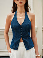 LA FINE FLEUR halter neck denim top with button details paired with white pants.