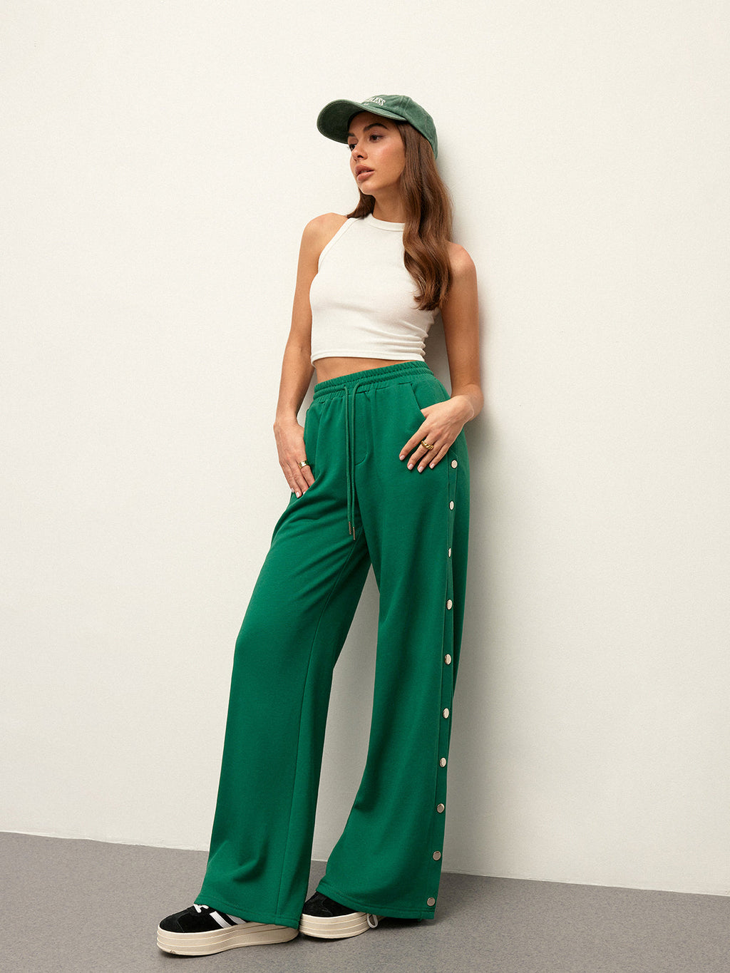 Mid-Waist Sweatpants with Drawstring and Side Buttons