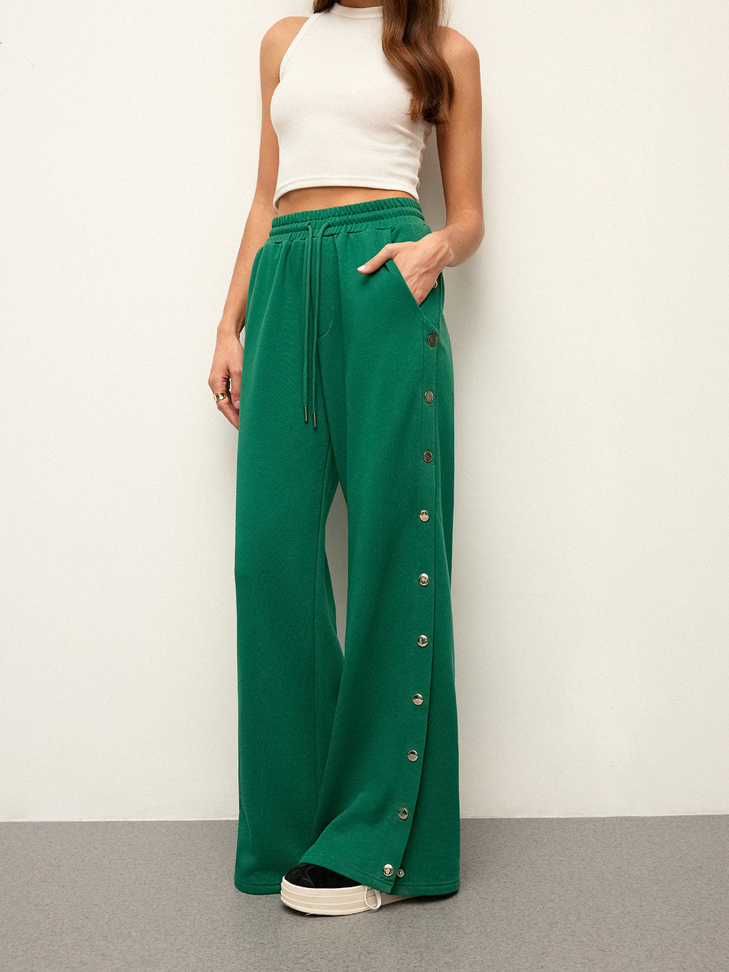 Mid-Waist Sweatpants with Drawstring and Side Buttons