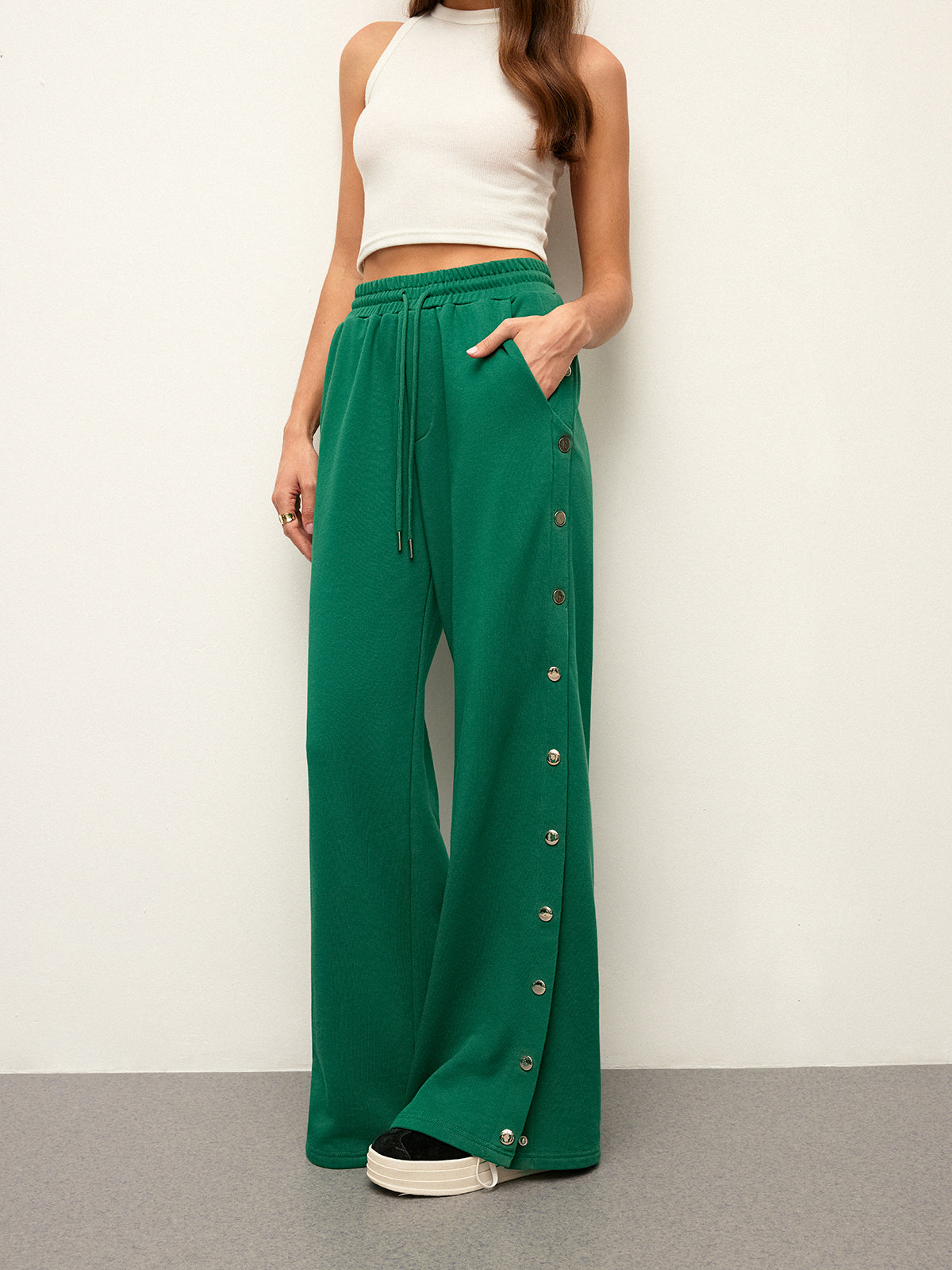 Mid-Waist Sweatpants with Drawstring and Side Buttons