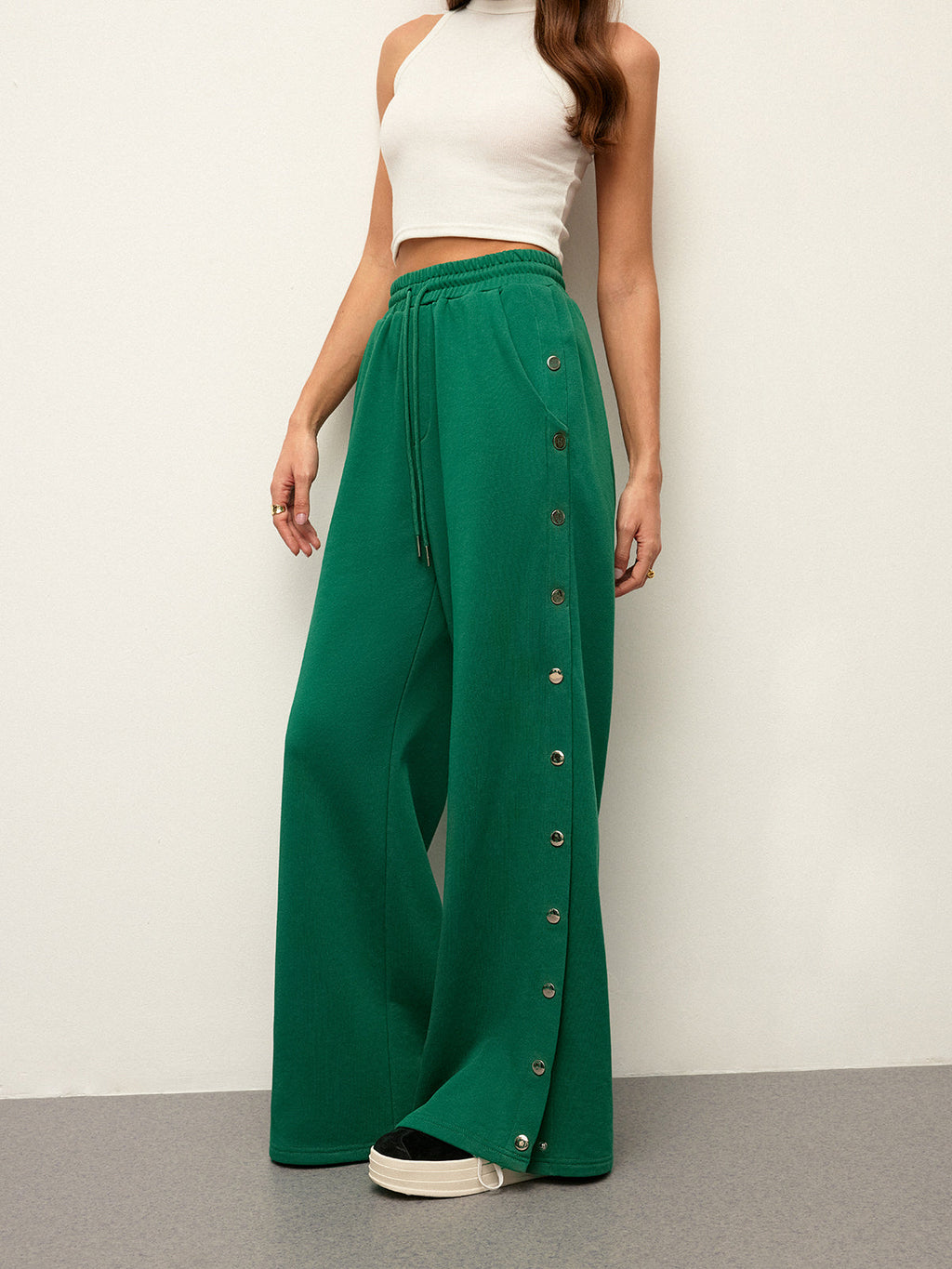 Mid-Waist Sweatpants with Drawstring and Side Buttons