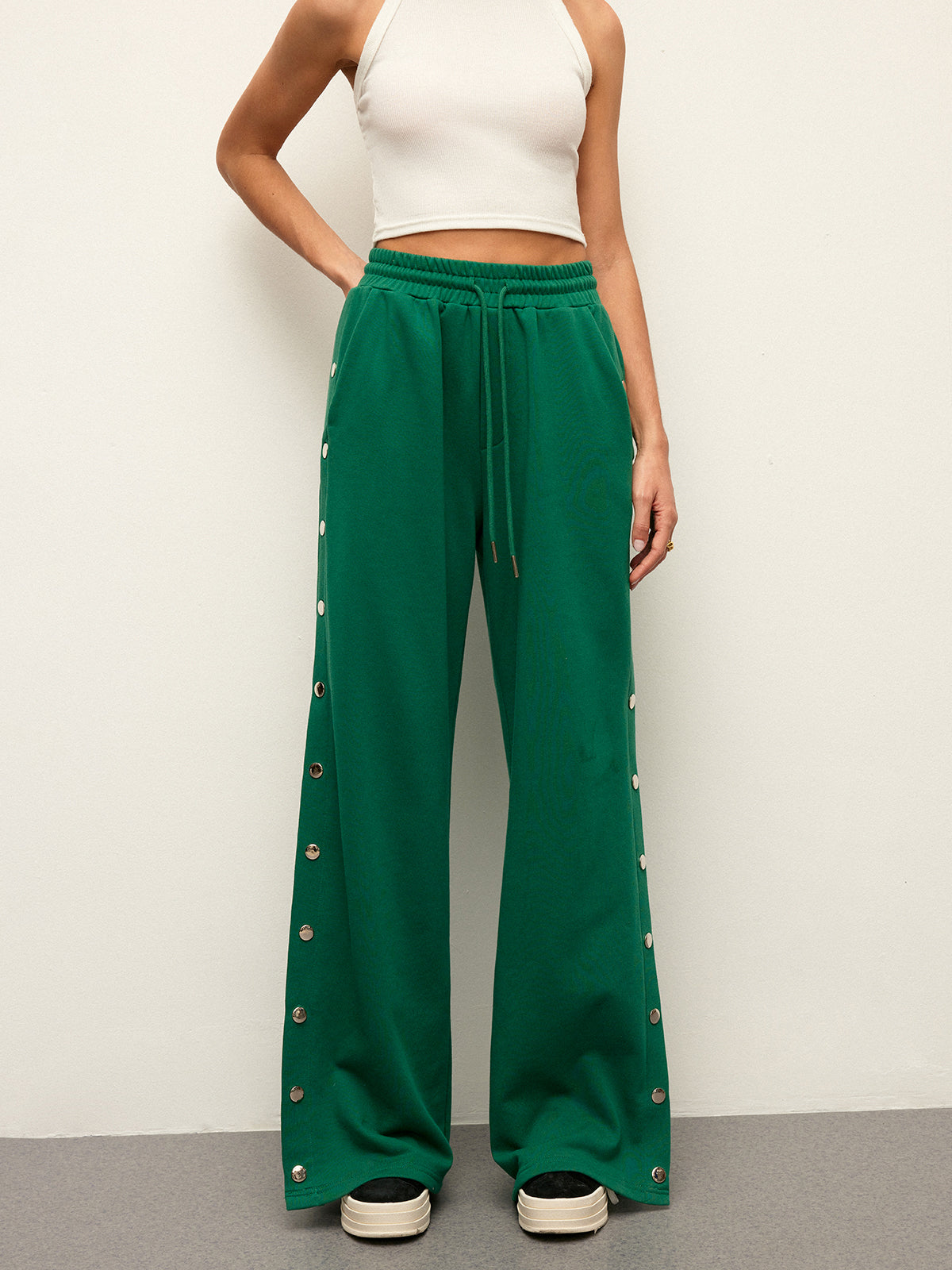 Mid-Waist Sweatpants with Drawstring and Side Buttons