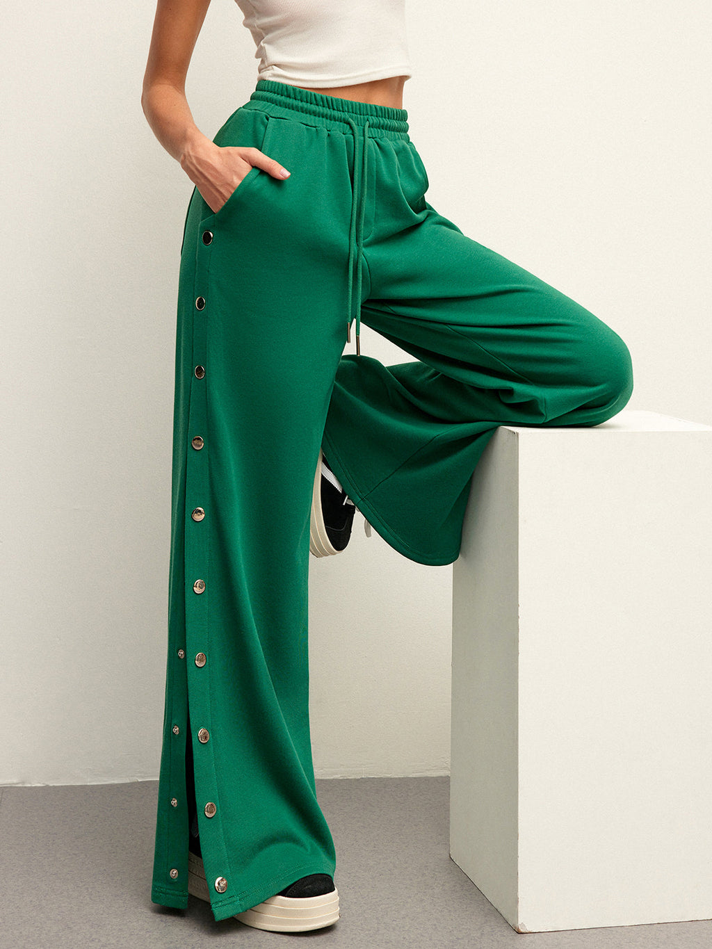 Mid-Waist Sweatpants with Drawstring and Side Buttons