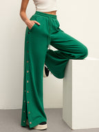 Mid-Waist Sweatpants with Drawstring and Side Buttons