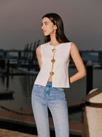 Shell Button Accented Sleeveless Top