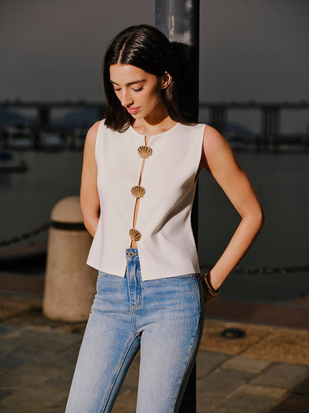 Shell Button Accented Sleeveless Top