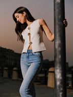 Shell Button Accented Sleeveless Top