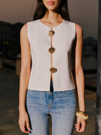 Shell Button Accented Sleeveless Top