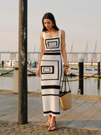 LA FINE FLEUR Square Neck Sweater Dress with geometric panel design in soft knit fabric.