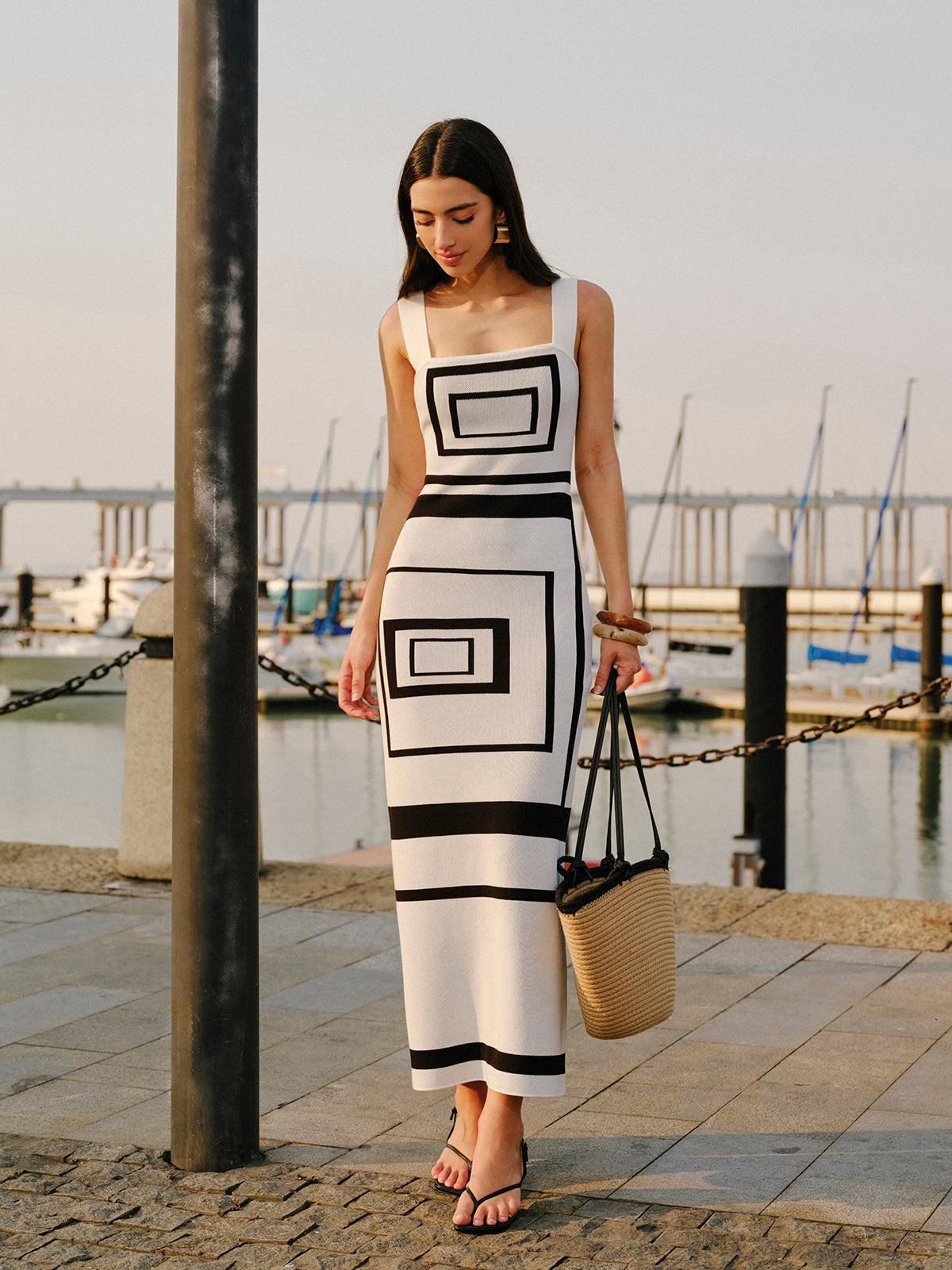 LA FINE FLEUR Square Neck Sweater Dress with geometric panel design in soft knit fabric.