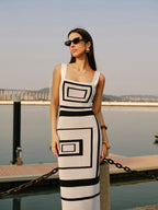 Square neck sweater dress by LA FINE FLEUR with geometric panel design detailing.